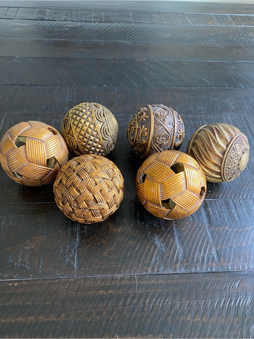 Set of 6 Decorative 4” Imitation Woven and Accent Spheres - Brown & Gold Tones